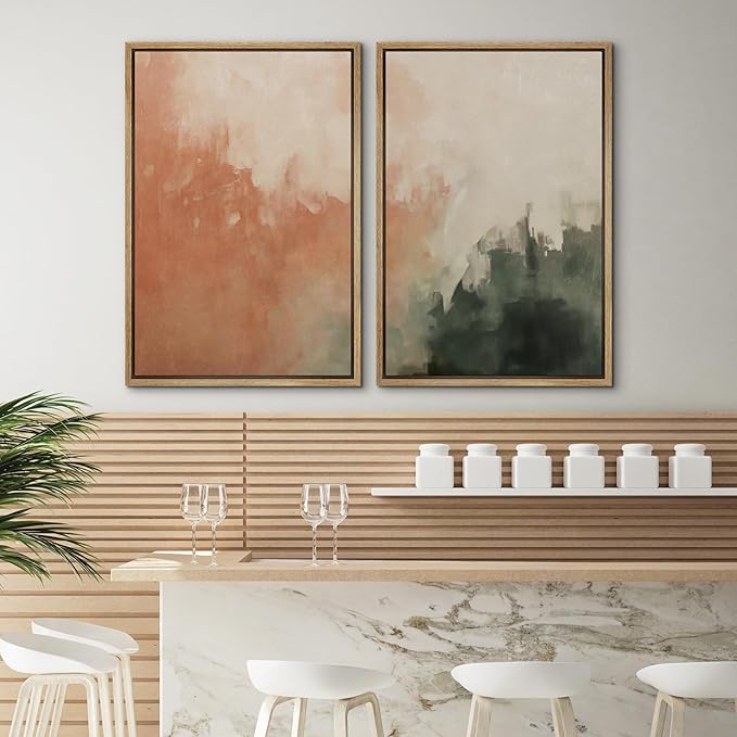 SIGNWIN Framed Canvas Print Wall Art Set Color Fade Abstract Landscape Earthy Terracotta and Forest Green Illustrations Modern Minimal Decorative for Living Room, Bedroom, Office - 24"x36"x2 Natural