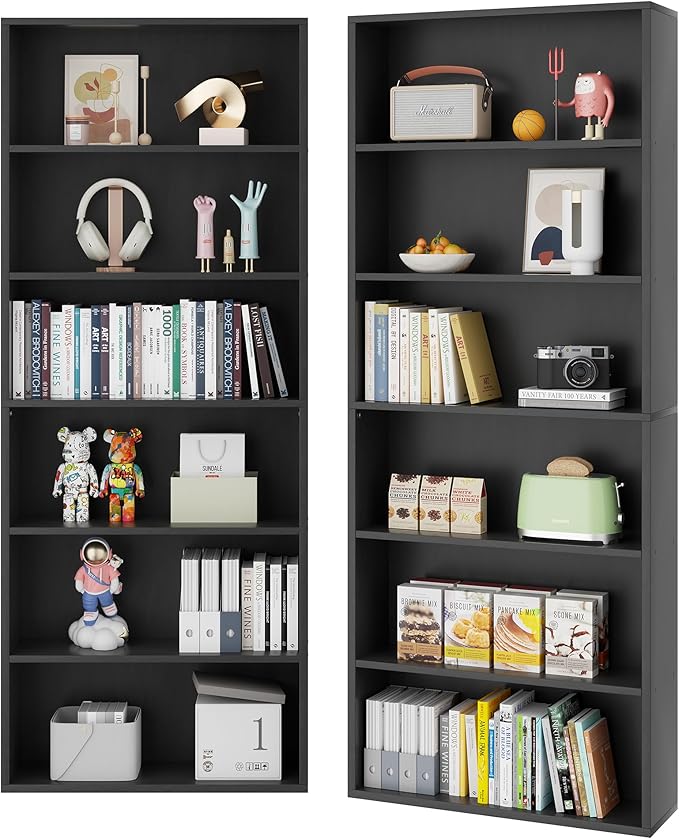 Vongrasig 6-Tier Open Bookcase and Bookshelf, Floor Standing Wood Display Storage Shelves 71 Inch Tall Bookcase Home Decor Furniture for Home Office, Living Room, Bed Room, Black, 2 Pieces