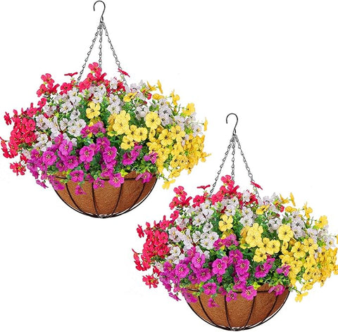 2 Set Outdoor Artificial Hanging Baskets, 32 Pcs Artificial Flowers Hanging Planters for Spring Summer Front Porch Patio Yard Garden Home Decor (Purple, Yellow, Hot Pink, Creamy White)