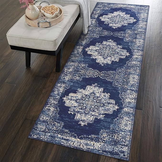 vivorug Runner Rug 2'x8' Machine Washable Non-Slip Runners for Hallways Kitchen Entryway Laundry Room Vintage-Inspired Carpet Hallway Runner Navy Blue