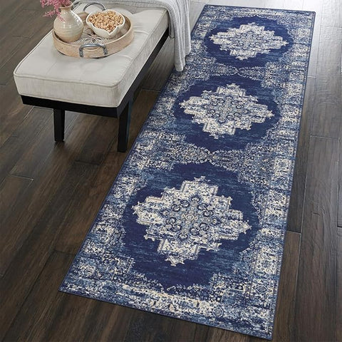 vivorug Runner Rug 2'x7' Machine Washable Non-Slip Runners for Hallways Kitchen Entryway Laundry Room Vintage-Inspired Carpet Hallway Runner Navy Blue
