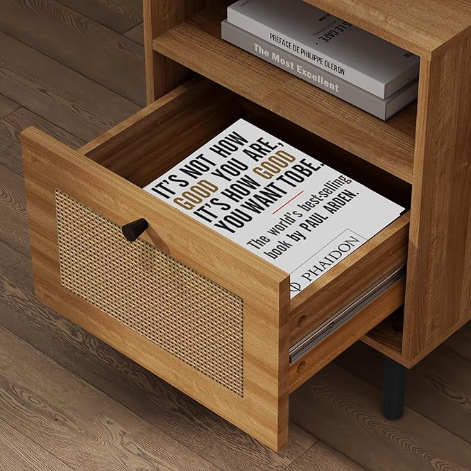 Rattan Nightstand with Storage Boho Modern Farmhouse Bedside Table with Drawer & Open Shelf Light Wood End Table for Bedroom, Living Room, Office, Dorm - Natural Walnut 0ak Color