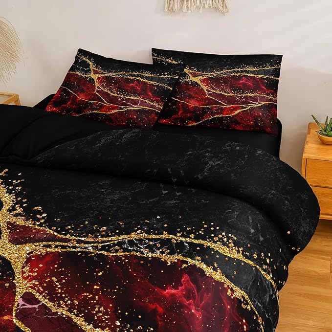 Red Black Comforter Set Black Gold Marble Bedding Set King Size Burgundy Dark Red Gothic Hippie Comforter Watercolor Retro Bedding Comforter