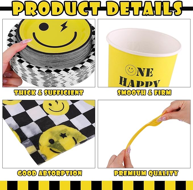 400 Pieces One Happy Dude Disposable Party Tableware Sets Including Plates Cups Napkins Cutlery Serves 50 for Smiley Party 1st Birthday Preppy Party Decorations