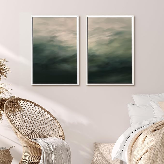 MUDECOR Framed Canvas Print Wall Art Dark Green Abstract Misty Landscape Moody Illustrations Modern Art Decorative Chic for Living Room, Bedroom, Office - 24"x36"x2 White