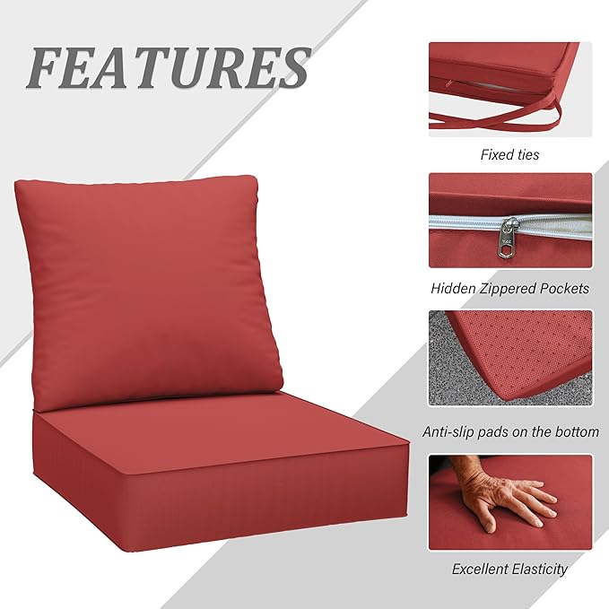 Outdoor Seat Cushion Set 24 x 24 x6.5 Inch Splash-Proof & Fade Resistant Patio Furniture Cushions with Removable Cover Deep Seat & Back Cushion with Straps for Chair Sofa Couch