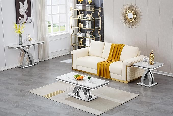 Marble Console Entryway Table, 47 inch Faux Marble Narrow Long Sofa Table, Modern White Tall Accent Table for Living Room, Entrance Table with Silver Geometric Stainless Steel Frame