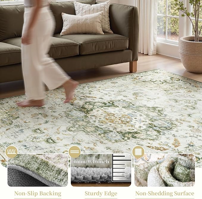 PADOOR-Vintage Area Rug 9X12 Rugs for Living Room-Soft Green Rugs for Bedroom-Machine Washable Rug Non Slip Carpet-Rug for Dining Room Living Room Bedside Office