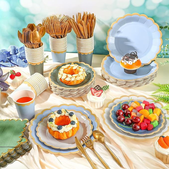 338 Pcs Blue and Sage Green Plates and Napkins Party Supplies for Guests Dusty Blue Tableware Include Scalloped Plates Paper Napkin Cup Spoon Fork Knife for Baby Shower, Wedding, Birthday