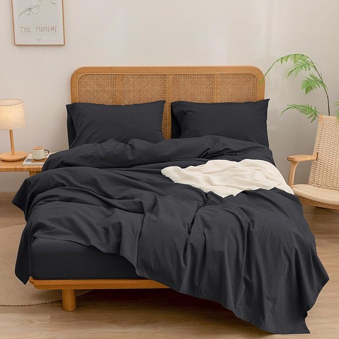 BESTOUCH Sheet Set 100% Washed Cotton Linen Feel Super Soft Comfortable Chic Lightweight 4 Pcs Home Bedding Set Solid Deep Black King