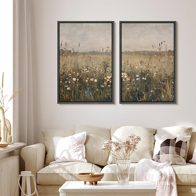 MUDECOR Framed Canvas Print Wall Art Set Golden Meadow Wildflowers Rustic Floral Field Landscape Illustrations Modern Art Decorative Bohemian Zen for Living Room, Bedroom, Office - 16"x24"x2 Black