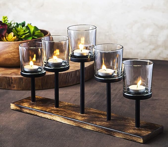 Elegant Decorative Votive Candle Holder Centerpiece, 5 Glass Cups on Wood Base-Tray for Anniversary, Wedding, Dining Table Centerpiece, Decorations Living Room, Decor Coffee Table Centerpiece, Menorah
