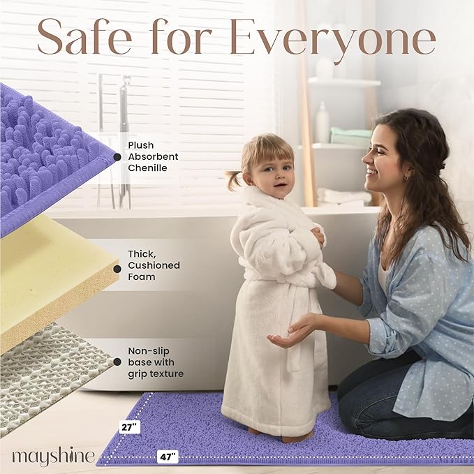 MAYSHINE Plush Shaggy Chenille Bath Mat | Extra Soft, Super Absorbent, Non-Slip Bathroom Rug | Fluffy Microfiber, Area Rug Sets for Bathroom Floor, Kitchen, Living Room | 47"x27" | Lavender