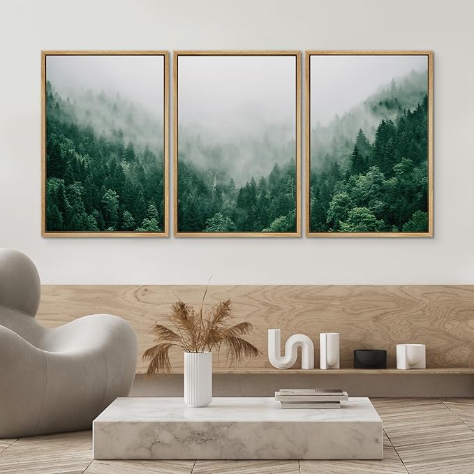 SIGNWIN Framed Canvas Print Wall Art Set Fog & Mist Mountain Forest Valley Nature Wilderness Photography Modern Art Rustic Landscape for Living Room, Bedroom, Office - 24"x36"x3 Natural