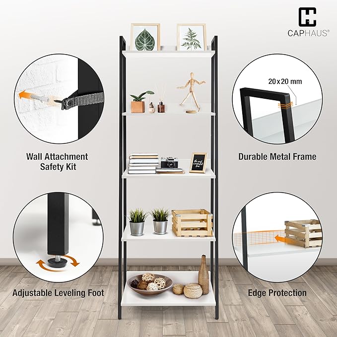 CAPHAUS 5 Tier Ladder Bookshelf, 24 Inch Width Free Standing Shelf, Bookcase Shelf Storage Rack Organizer, Industrial Book Shelves for Home Office, Living Room, Kitchen, White, Vintage Shelves