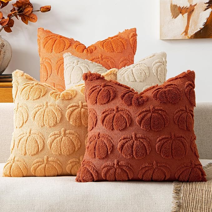 MIULEE Fall Pumpkin Pillow Covers 18x18 Inch Set of 4 - Soft Cozy Plush Decorative Pillows with Embroidered Pumpkin Pattern Autumn Halloween Holiday Decor for Sofa Couch Bed Living Room,Rust-Beige