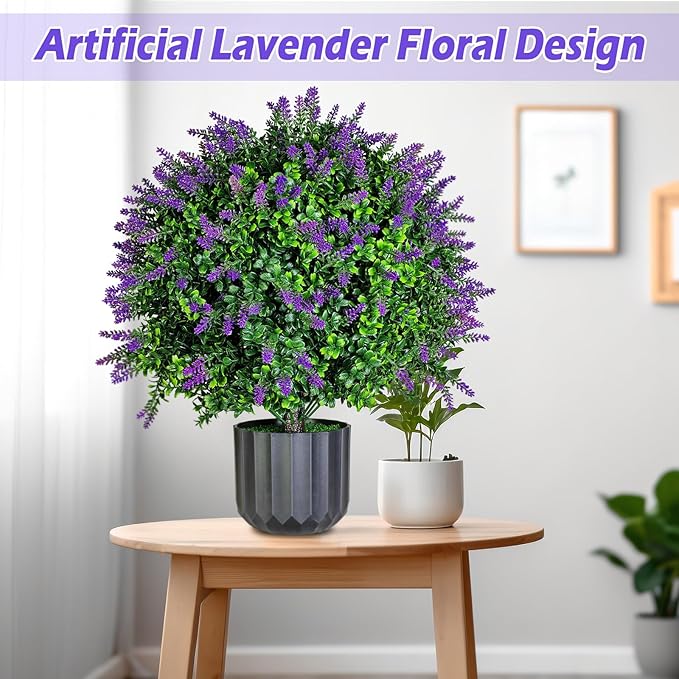 Set of 2 Pack Large Artificial Plants Lavender Topiary Ball Tree, 21" Tall Outdoor Simulated Potted Bushes UV Resistant, Faux Lavender Shrubs Suitable for Indoor, Front Porch, Home Garden Decor