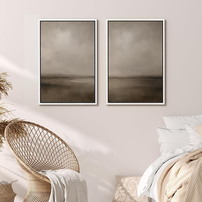 MUDECOR Framed Canvas Print Wall Art Abstract Brown and Taupe Modern Minimalist Misty Landscape Illustrations Modern Art Decorative Bohemian for Living Room, Bedroom, Office - 24"x36"x2 White