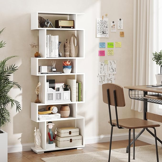 Tangkula 6-Tier S-Shaped Bookshelf, 64" Freestanding Geometric Bookcase, Home Office Wood Storage Shelf with Anti-Toppling Device, Room Divider Display Rack for Study, Living Room (2, White)