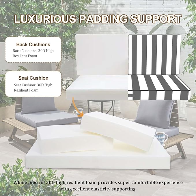 Outdoor Loveseat Cushion Set 46 x 26 Inch, Waterproof & Fade-Resistant Deep Seat Patio Cushions with Removable Cover, Ties & Hidden Zipper,Patio Love Seat Sofa Cushions for Sofa Bench Couch,GrayStripe