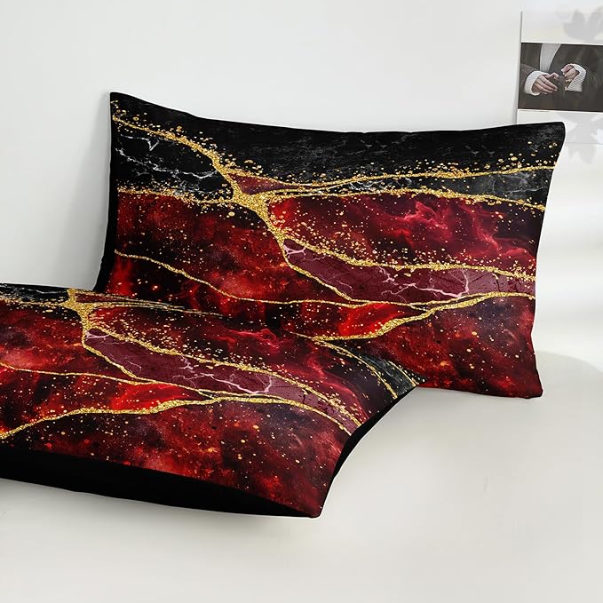 Red Black Comforter Set Black Gold Marble Bedding Set King Size Burgundy Dark Red Gothic Hippie Comforter Watercolor Retro Bedding Comforter