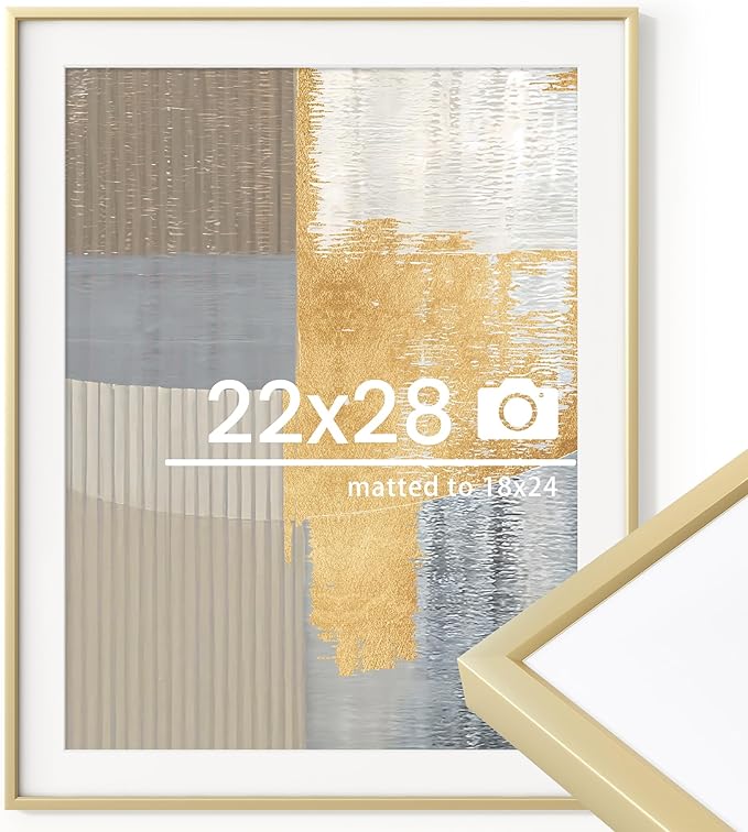 22x28 inch Metal Poster Frame - 22 x 28 Thin Aluminum Picture Frames Matted for 18x24 Photos, Artworks, Prints, Puzzle - High Definition Plexiglass - Vertical and Horizontal Display - Wall Hook Hanging Hardware Included - Gold, Set of 1