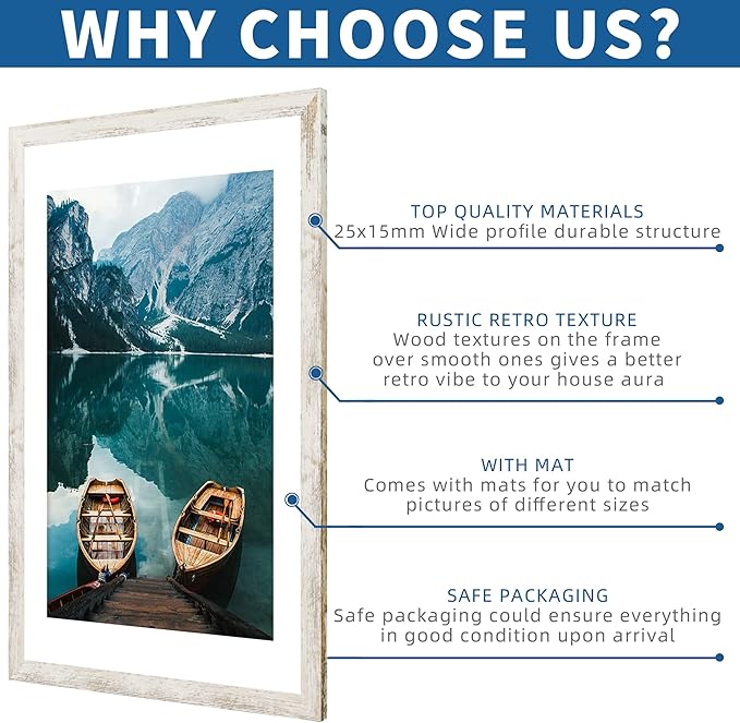 24x36 Poster Frame Set of 2, Distressed White Wood Style - Display 24 x 36 Poster without Mat or 20x30 Picture with Mat, Wall Mounting Horizontal and Vertical
