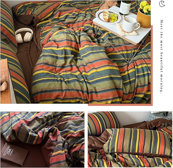 VM VOUGEMARKET Multicolor Striped Duvet Cover Queen Size Washed Cotton Jacquard Stripes Bedding Duvet Cover Set - Cozy Stylish Bedding for Men & Women