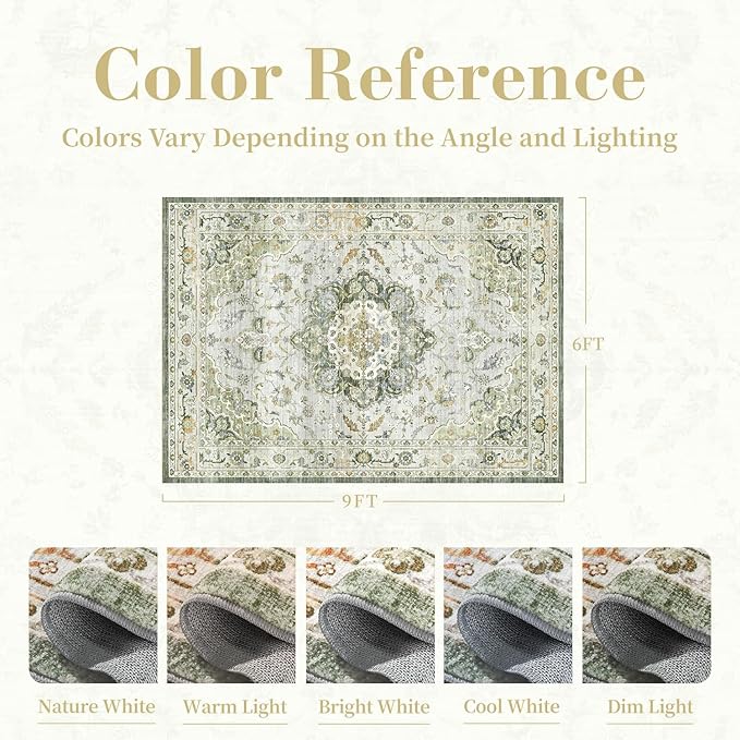 PADOOR-Vintage Area Rug 6X9 Rugs for Living Room-Soft Green Rugs for Bedroom-Machine Washable Rugs Non Slip Carpet-Rug for Dining Room Living Room Bedside Office