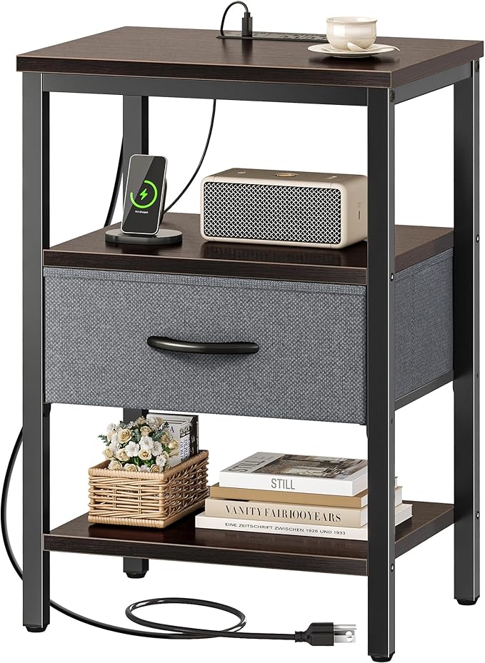 SUPERJARE Nightstand with Charging Station, Bed Side Table with Adjustable Fabric Drawer, Night Stand for Bedroom, 3-Tier Storage End Table, for Living Room - Walnut