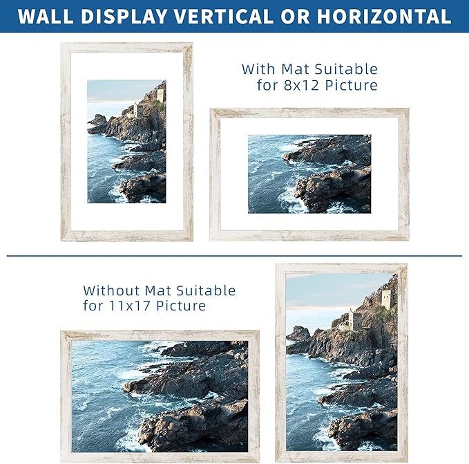 11x17 Frame Set of 2, Distressed White Wood Style - Display 11 x 17 Poster without Mat or 8x12 Picture with Mat, Wall Mounting Horizontal and Vertical