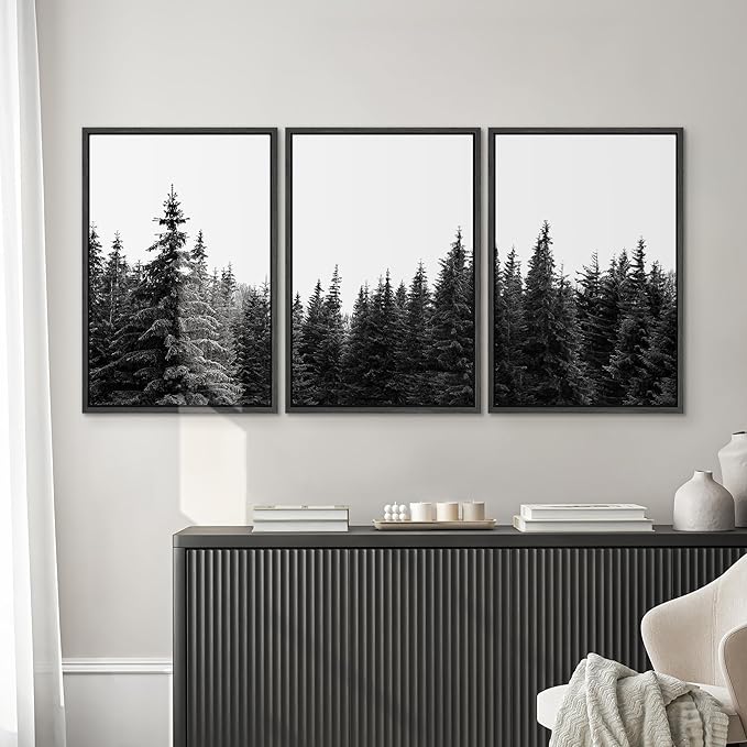 SIGNWIN 3 Piece Framed Canvas Wall Art Woodland Nursery Decor Black and White Forest Photo Nature Illustrations Abstract Traditional Home Artwork Decoration for Living Room,Bedroom - 16"x24"x3 Black