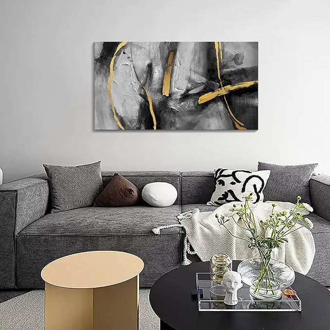 Abstract Large Canvas Wall Art for Living Room,Golden Line Rhythm Canvas Prints Hand-Painted Bedroom Wall Decor Black Gray Artwork for Home Cafe Kitchen Restaurant Decor 20x40 In