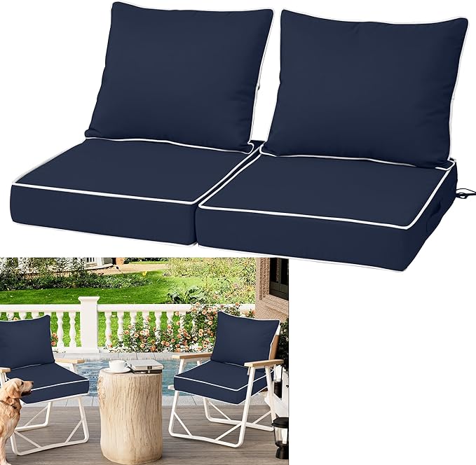 Waterproof Outdoor Chair Cushion Set of 2, 24x24x5 IN Deep Seat Patio Cushions with Fade Resistant Removable Cover,Outdoor Cushions for Patio Furniture with Ties&Handle for Chair Sofa Couch,Navy+Pipes