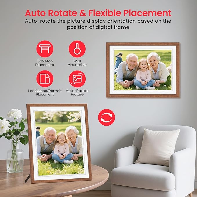 15 Inch Large Digital Picture Frame, Frameo Digital Frame WiFi with 4:3 HD IPS Touch Screen 32GB Storage, Support Tabletop&Wall Mounted, Share Photos/Videos Instantly from Anywhere, Gifts for Mom