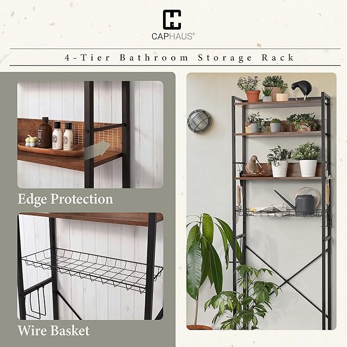 CAPHAUS Over The Toilet Storage, 4-Tier Bathroom Organizer, Freestanding Toilet Shelf, Multifunctional Space Saver Toilet Rack with 4 Hooks, Laundry Organizer, Plant Stand for Balcony (Rustic Oak)
