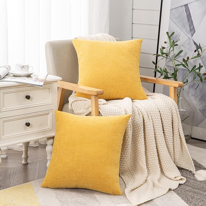 GAWAMAY Decorative Chenille Throw Pillow Covers 26x26 Inch Pack of 2, Soft Square Couch Pillow Cover for Sofa Cushion Living Room Bedroom Solid Dyed Oversized Pillowcases Yellow 66x66cm (ONLY Covers)