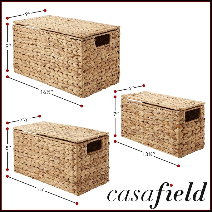 Casafield Set of 3 Water Hyacinth Storage Baskets with Lids, Natural - Small, Medium, Large Woven Nesting Bins for Bathroom, Bedroom, Closets, Shelves