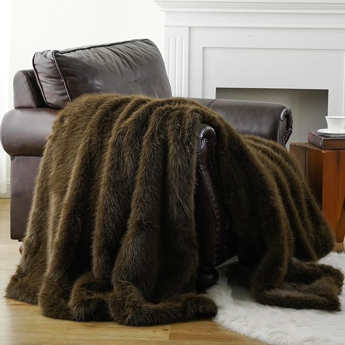 BATTILO HOME Luxury Fluffy Olive Green Faux Fur Throw Blanket, Cozy Warm Fur Blanket for Couch, Sofa, Chair, Bed, Plush Fuzzy Fur Throws with Long Pile, 60"x80"