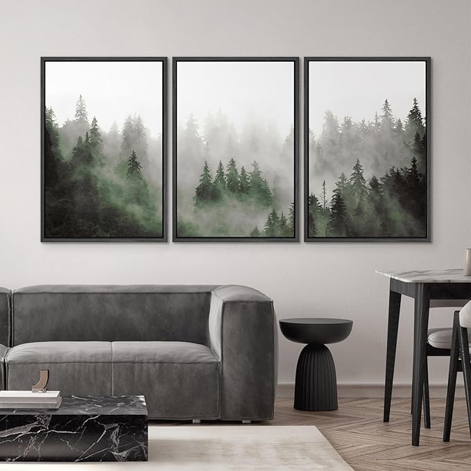 SIGNWIN Framed Canvas Print Wall Art Woodland Nursery Decor Set Fog & Mist Over Green Pine Tree Forest Nature Wilderness Modern Art Chic Landscape for Living Room, Bedroom, Office - 16"x24"x3 Black