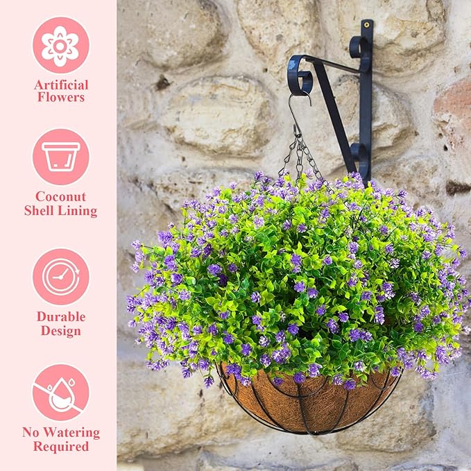 Lyrow 4 Pack Artificial Hanging Flowers with Baskets Outdoors Faux Flowers with 12 Inch Coconut Lining Baskets Realistic Artificial Hanging Plants for Patio Lawn Garden Decor