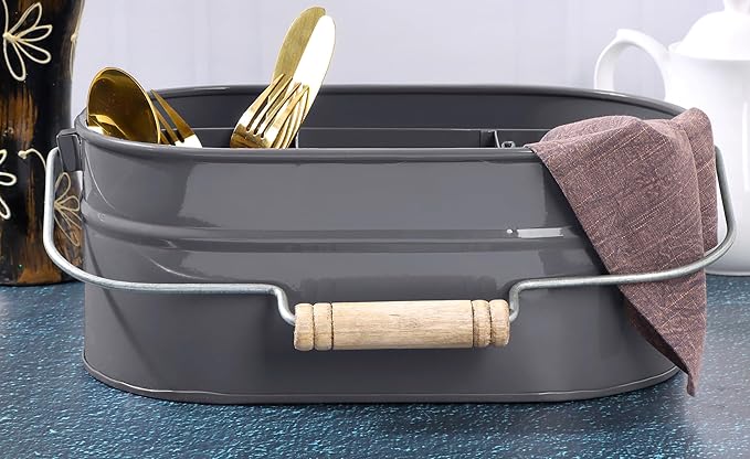 Alpha Living Home Silverware Caddy with Handle, Mulip-pose Organizer for Kitchen, Farmhouse Caddy Organizer - 4-Compartment Iron & Wood Handle Cutlery Holder, Office & Bathroom Storage, Grey