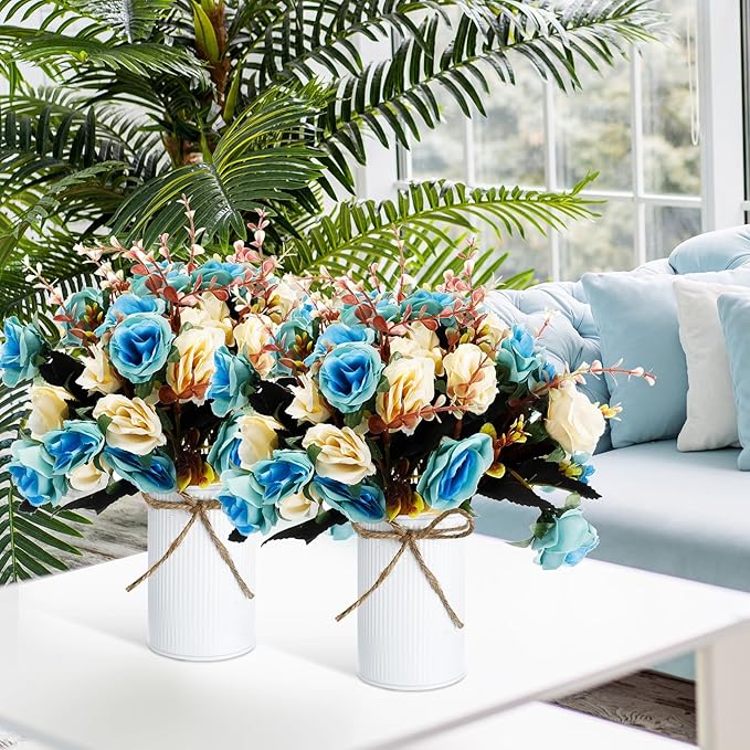 Domensi 12 Sets Wedding Centerpiece for Table Artificial Rose with Vase Fake Bouquets and Metal Pot Floral Arrangements for Holiday Party Event Table Decor (Teal)