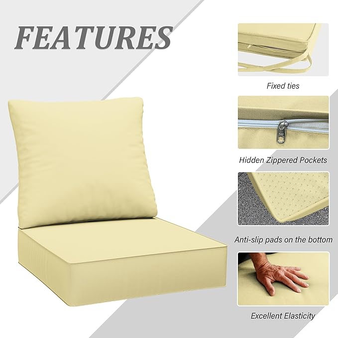 Outdoor Seat Cushion Set 24 x 24 x6.5 Inch Splash-Proof & Fade Resistant Patio Furniture Cushions with Removable Cover Deep Seat & Back Cushion with Straps for Chair Sofa Couch