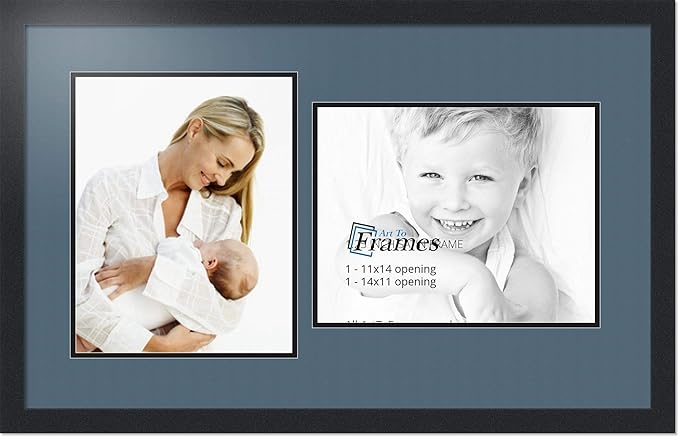ArtToFrames Collage Photo Frame Double Mat with 2-11x14 Openings with Satin Black Frame and Dutch Blue mat.