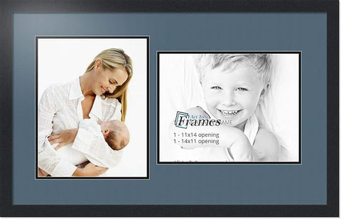 ArtToFrames Collage Photo Frame Double Mat with 2-11x14 Openings with Satin Black Frame and Dutch Blue mat.