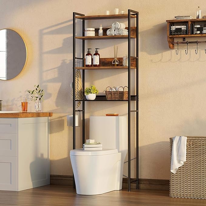 Rolanstar Over The Toilet Storage 4-Tier, Freestanding Bathroom Organizer, Sturdy Behind Toilet Rack with Hooks, Space-Saving Design, Fits Most Toilets, Rustic Brown