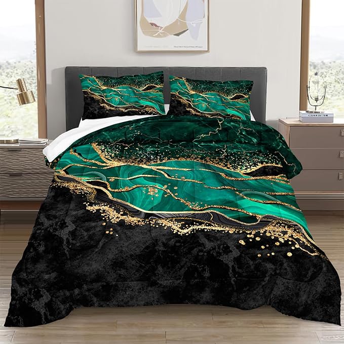 Green Gold King Size Comforter Set, Black Marble Bedding Set, Emerald Green King Bed Comforter Set Abstract Home Decor