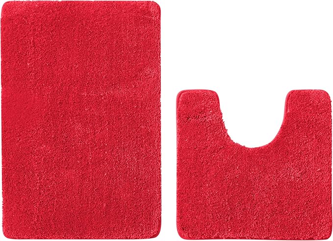 YHF Bathroom Rug Set 2Piece, Thick &Soft Microfiber Shaggy, U Shaped Contour, Machine Washable Bath Mats, Absorbent Bath Rugs, Non-Slip Rubber Backing Bath Mat for Bathroom Floor, Tub and Shower, Red
