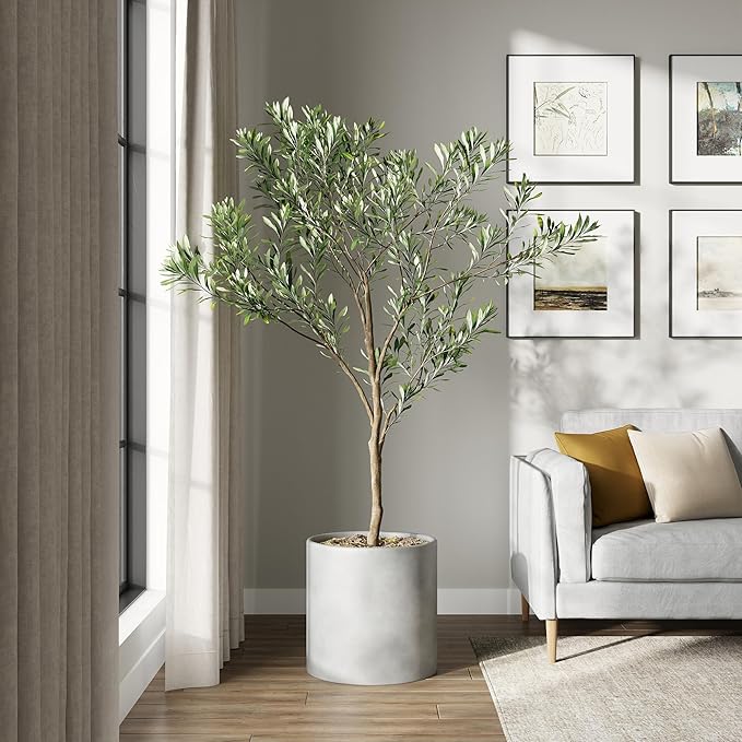 DTY Signature Mount Powell Fiberstone Planter - 16 Inch Extra Large Gray Cylindrical Mid-Century Modern Home Decor Indoor & Outdoor Plant Pot - Durable Planters for Indoor Plants, Outdoor Spaces